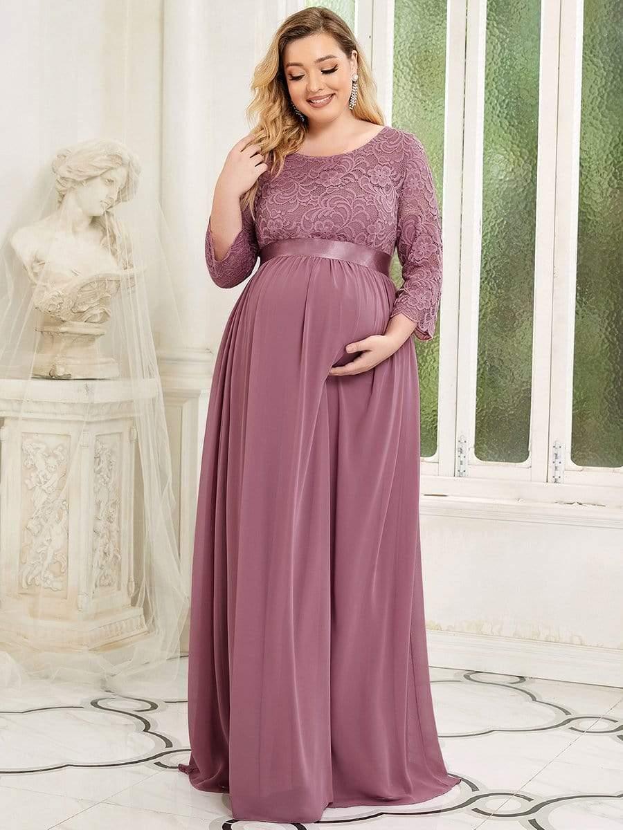 pretty KALANI|3/4 Sleeve Lace Floor Length Plus Size Maternity Dress - Image 9