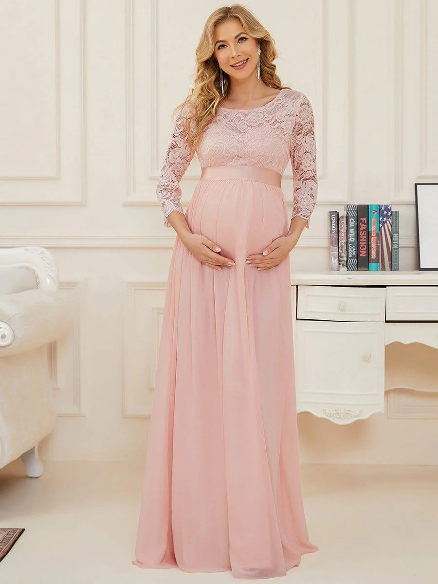 ever KALANI|3/4 Sleeves Embroidered Maternity Maxi Dress in Pink