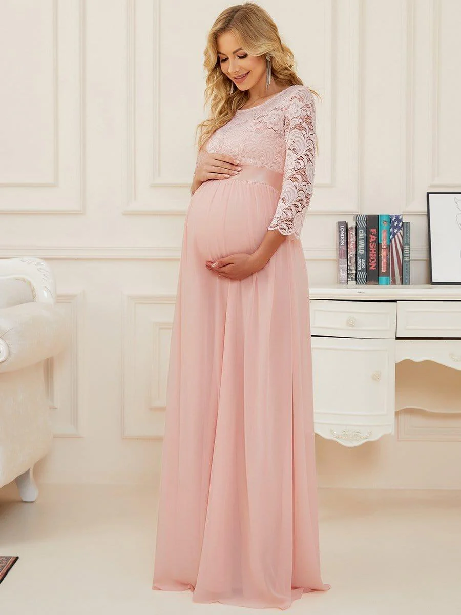 ever KALANI|3/4 Sleeves Embroidered Maternity Maxi Dress in Pink - Image 3