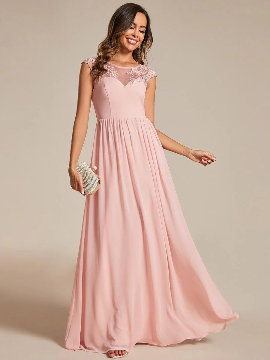 A-Line Cap Sleeves Round Neck Chiffon Evening Dress with Shoulder Print(Final Sale) - Image 10