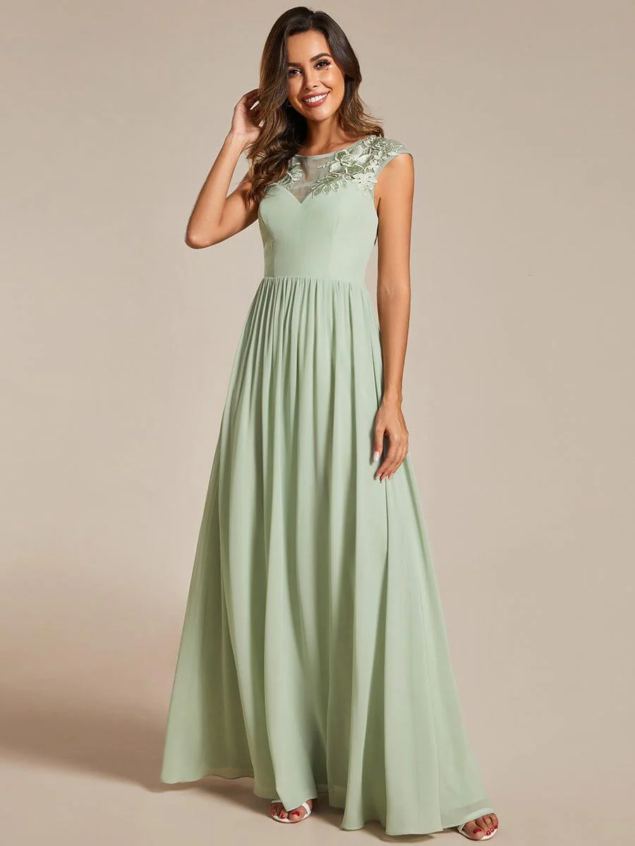 A-Line Cap Sleeves Round Neck Chiffon Evening Dress with Shoulder Print(Final Sale) - Image 5