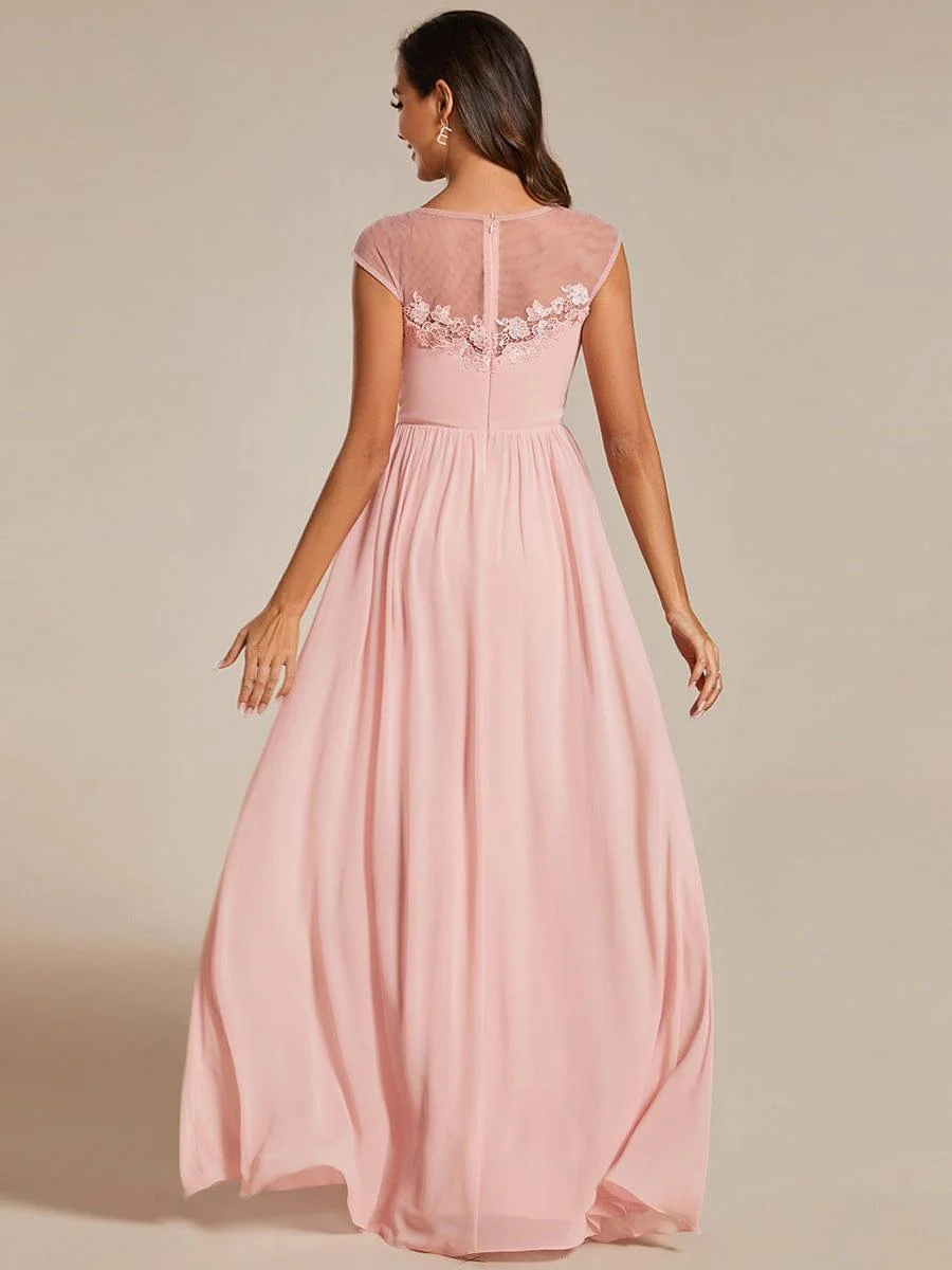 A-Line Cap Sleeves Round Neck Chiffon Evening Dress with Shoulder Print(Final Sale) - Image 7