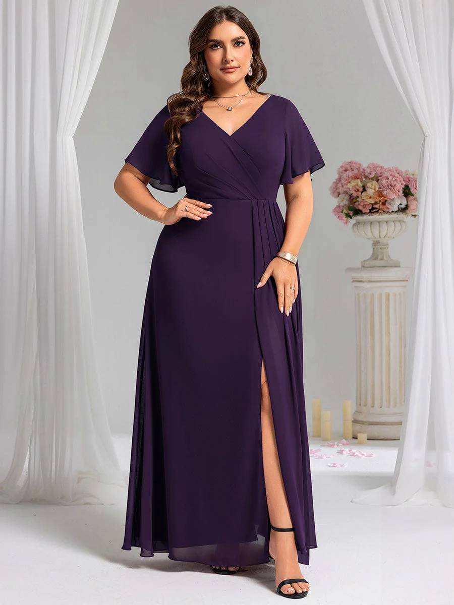 ever LINDEN|A-Line Ruffle Sleeves and High Slit Chiffon Bridesmaid Dress with V-Neck - Image 110