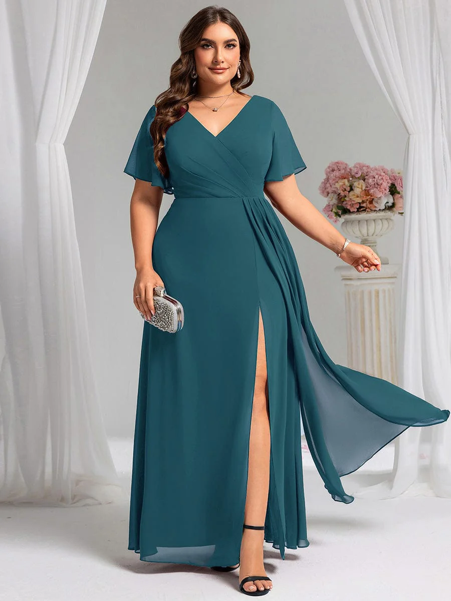 ever LINDEN|A-Line Ruffle Sleeves and High Slit Chiffon Bridesmaid Dress with V-Neck - Image 118