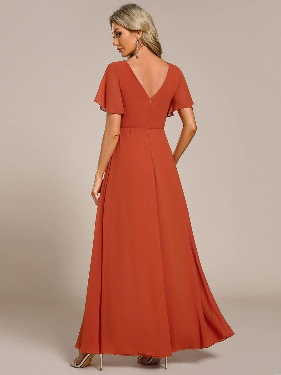 ever LINDEN|A-Line Ruffle Sleeves and High Slit Chiffon Bridesmaid Dress with V-Neck - Image 38