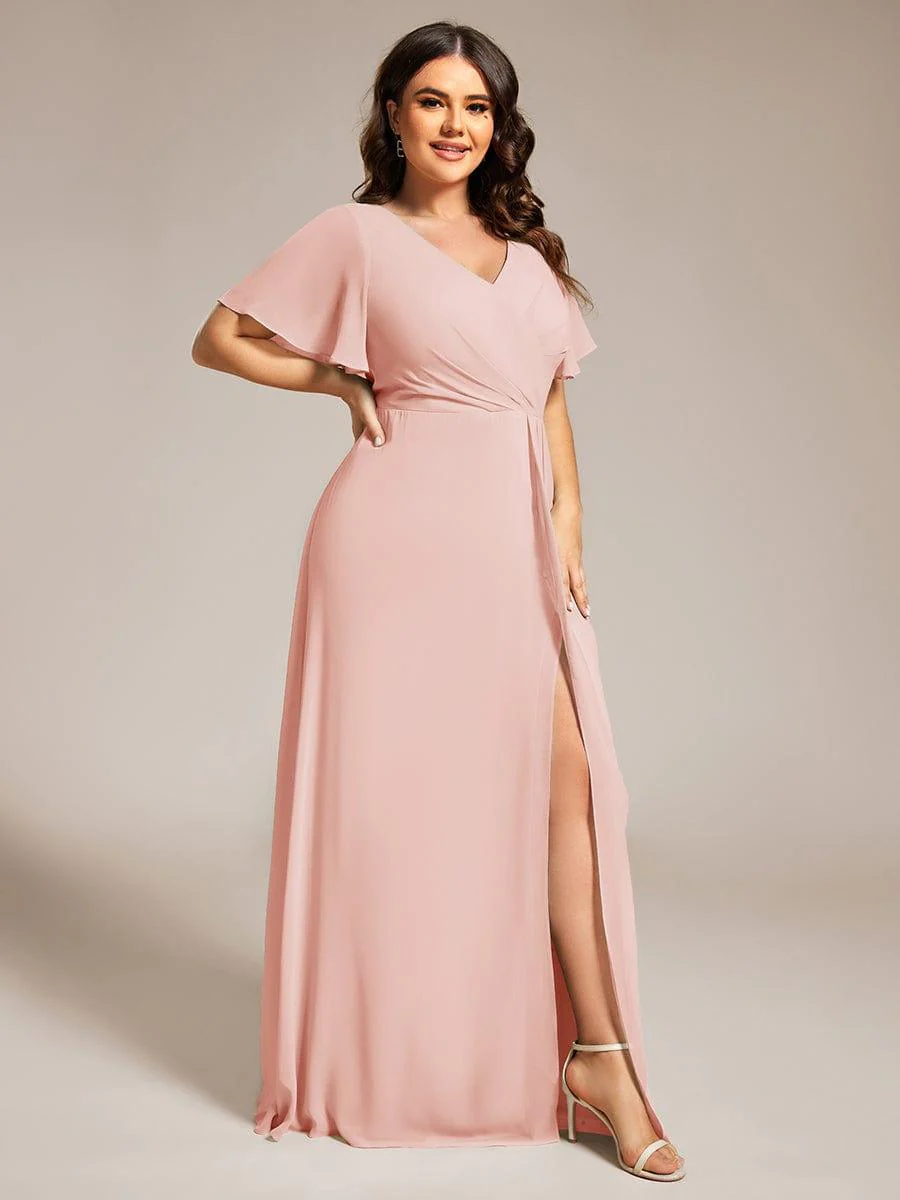ever LINDEN|A-Line Ruffle Sleeves and High Slit Chiffon Bridesmaid Dress with V-Neck - Image 64