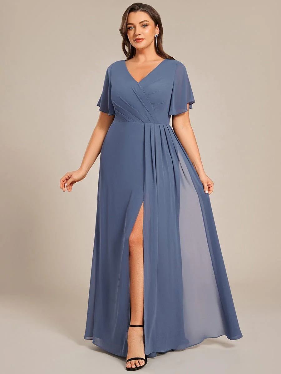 ever LINDEN|A-Line Ruffle Sleeves and High Slit Chiffon Bridesmaid Dress with V-Neck - Image 70