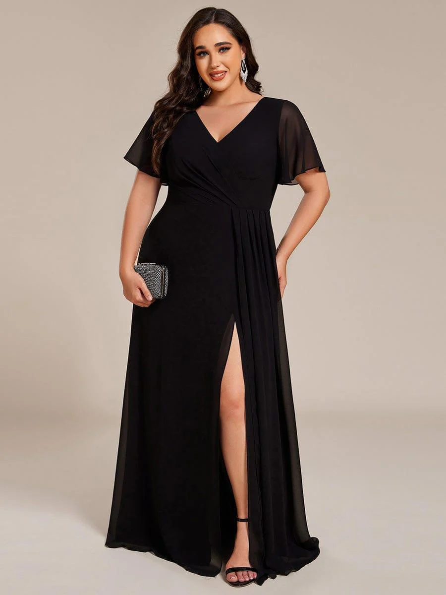 ever LINDEN|A-Line Ruffle Sleeves and High Slit Chiffon Dress with V-Neck in Black - Image 9