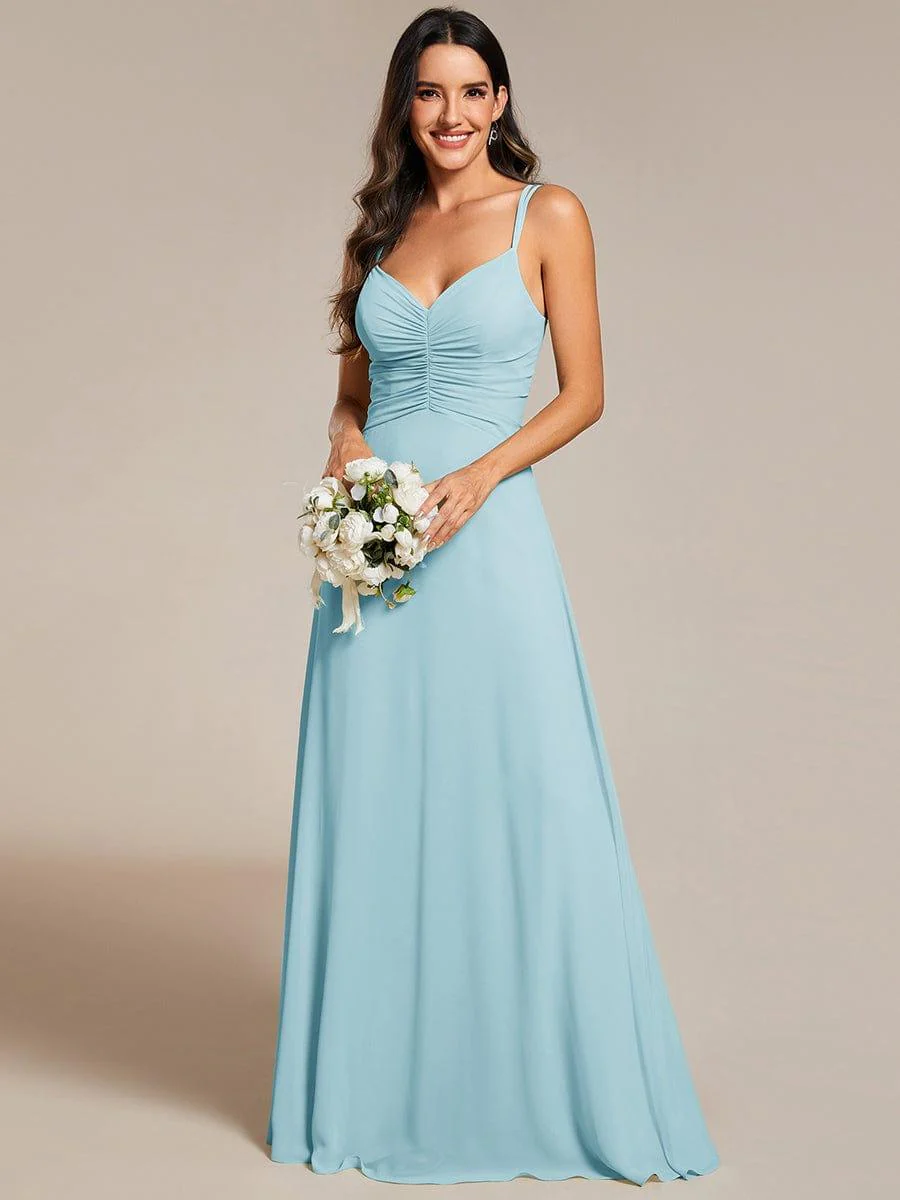 Chic Adjustable Straps Pleated Bridesmaid Dress with V-Neck - Image 11
