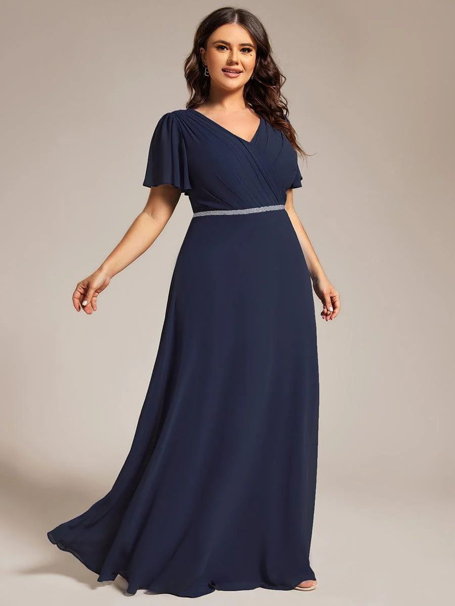 ever LAYLAH|Chiffon A-Line Pleated Evening Dress with Short Sleeves and Sequin Waist - Image 14