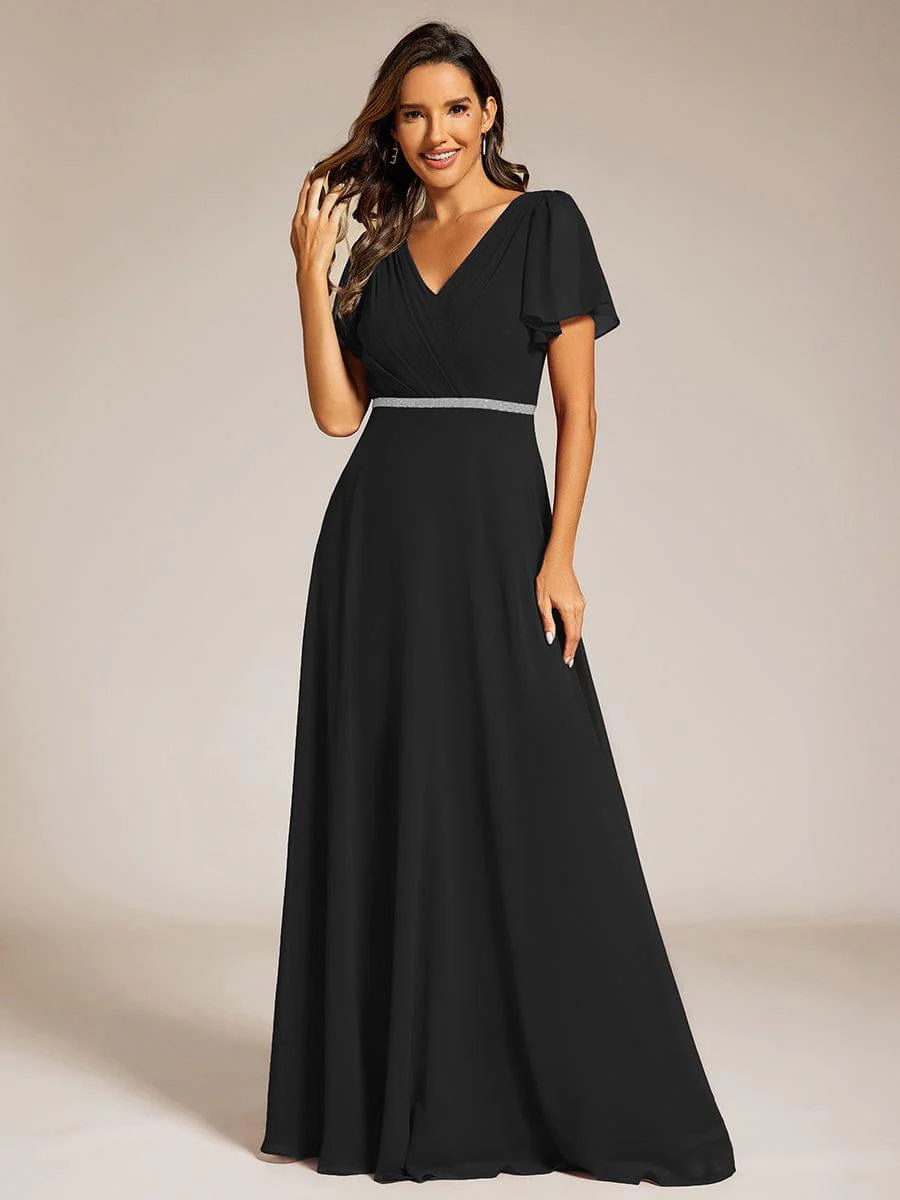 ever LAYLAH|Chiffon A-Line Pleated Evening Dress with Short Sleeves and Sequin Waist - Image 28