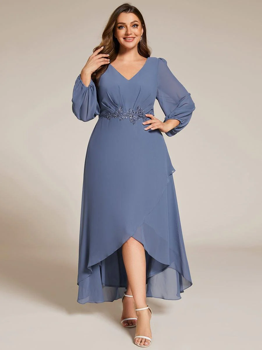 ever MARYAM|Chiffon Long Sleeve High-Low Evening Dress with Waist Applique(Final Sale) - Image 31