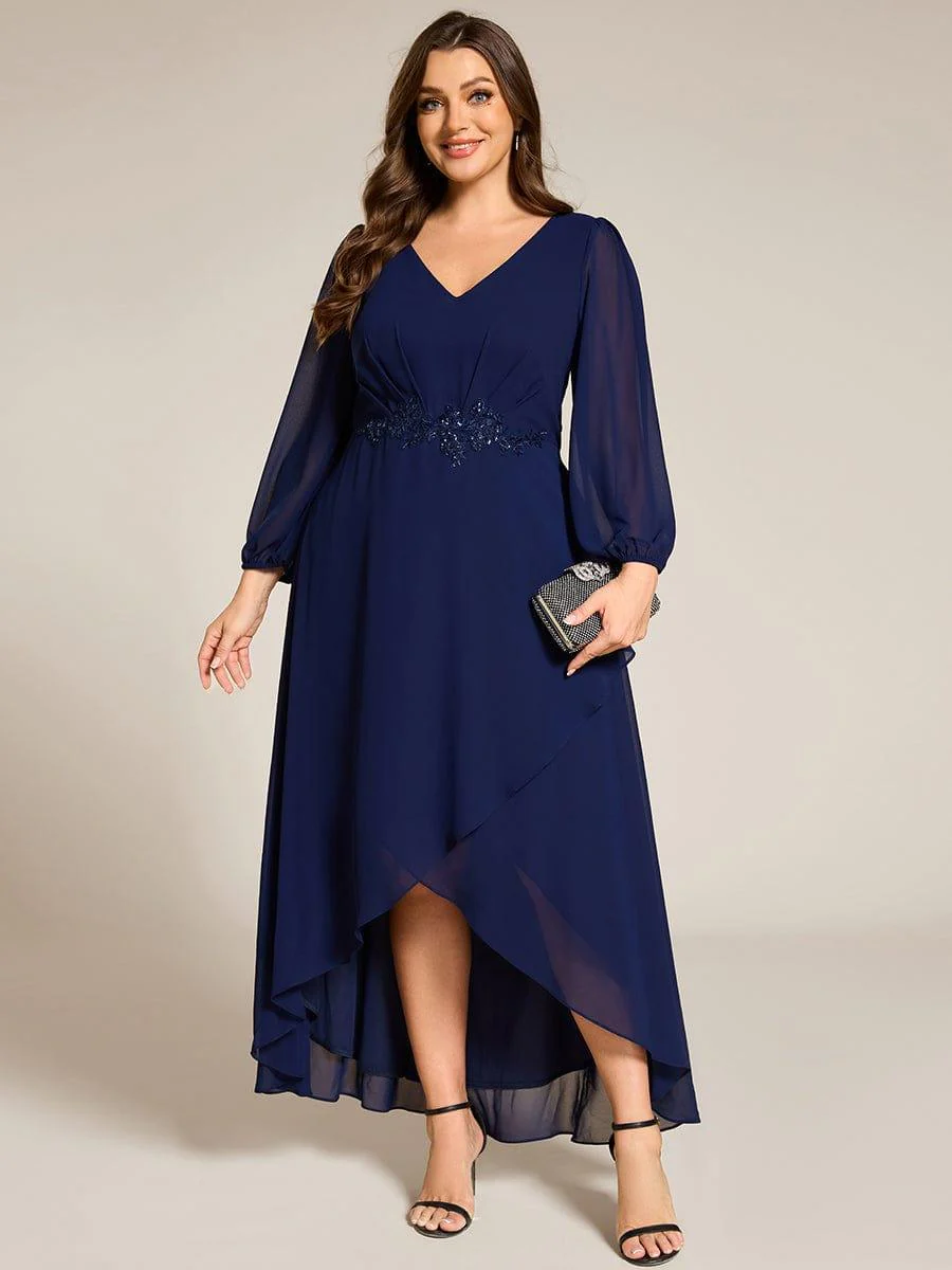 ever MARYAM|Chiffon Long Sleeve High-Low Evening Dress with Waist Applique(Final Sale) - Image 36