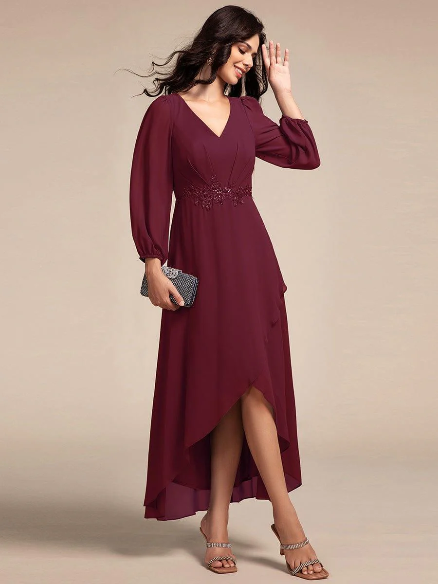 ever MARYAM|Chiffon Long Sleeve High-Low Evening Dress with Waist Applique(Final Sale) - Image 6
