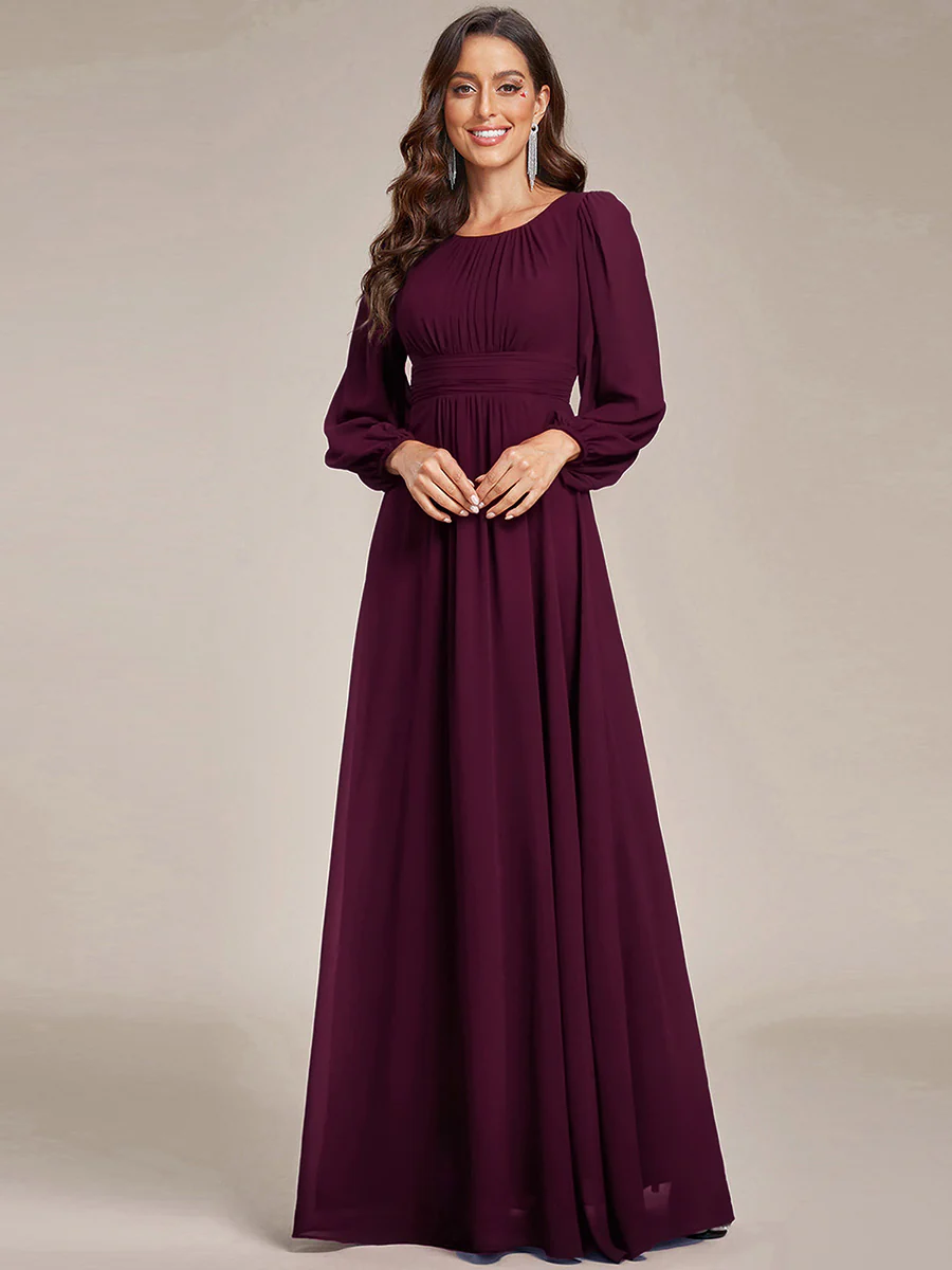 ever CELESTE|Chiffon Long Sleeve Pleated Floor Length Wedding Dress - Image 22