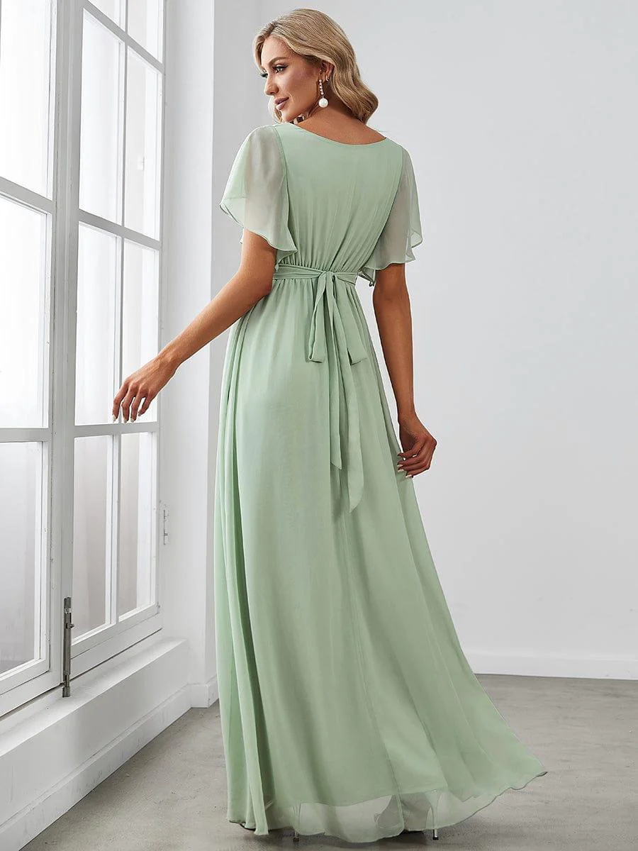 ever LEORA|Chiffon Pleated V-Neck Flutter Sleeve Maxi Bridesmaid Dress - Image 114