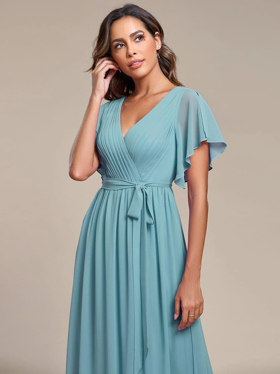 ever LEORA|Chiffon Pleated V-Neck Flutter Sleeve Maxi Bridesmaid Dress - Image 134
