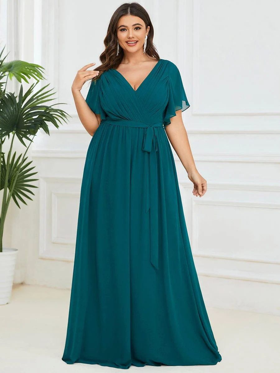 ever LEORA|Chiffon Pleated V-Neck Flutter Sleeve Maxi Bridesmaid Dress - Image 145