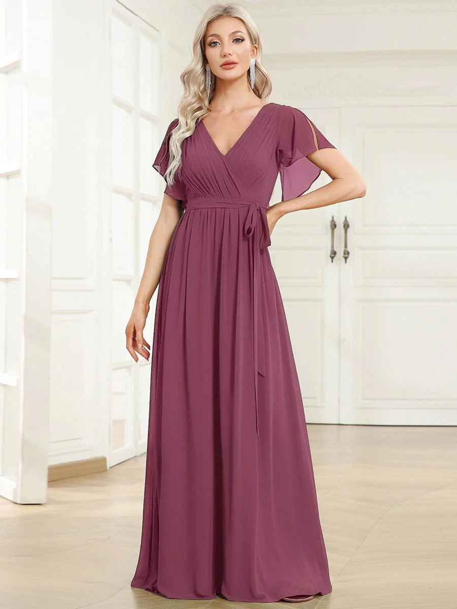 ever LEORA|Chiffon Pleated V-Neck Flutter Sleeve Maxi Bridesmaid Dress - Image 160