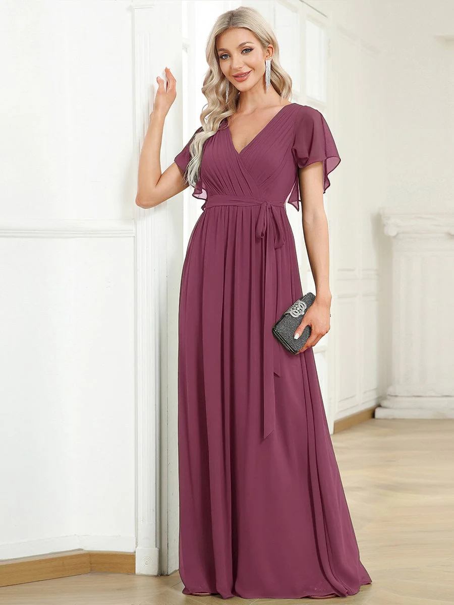 ever LEORA|Chiffon Pleated V-Neck Flutter Sleeve Maxi Bridesmaid Dress - Image 163
