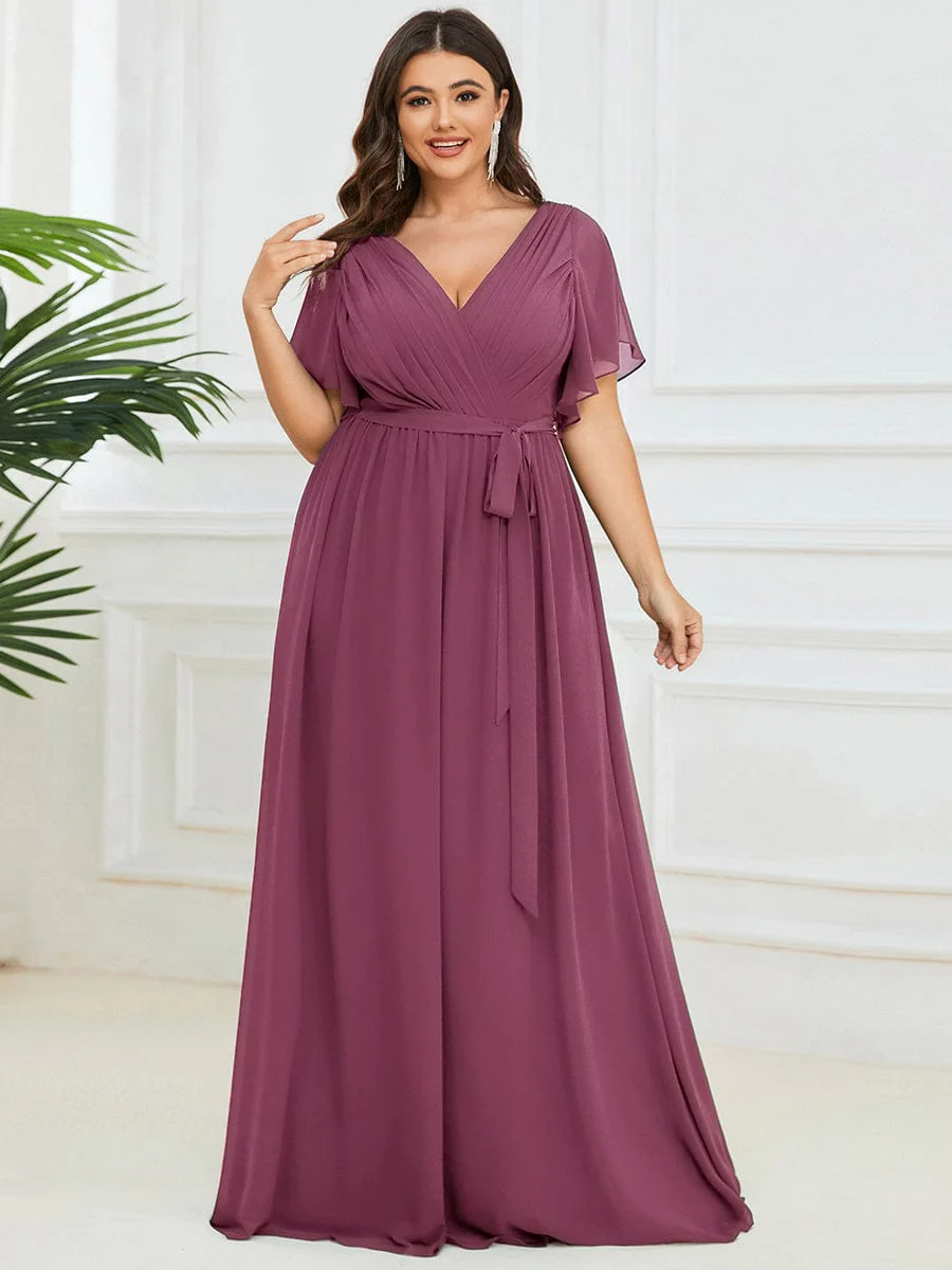 ever LEORA|Chiffon Pleated V-Neck Flutter Sleeve Maxi Bridesmaid Dress - Image 166