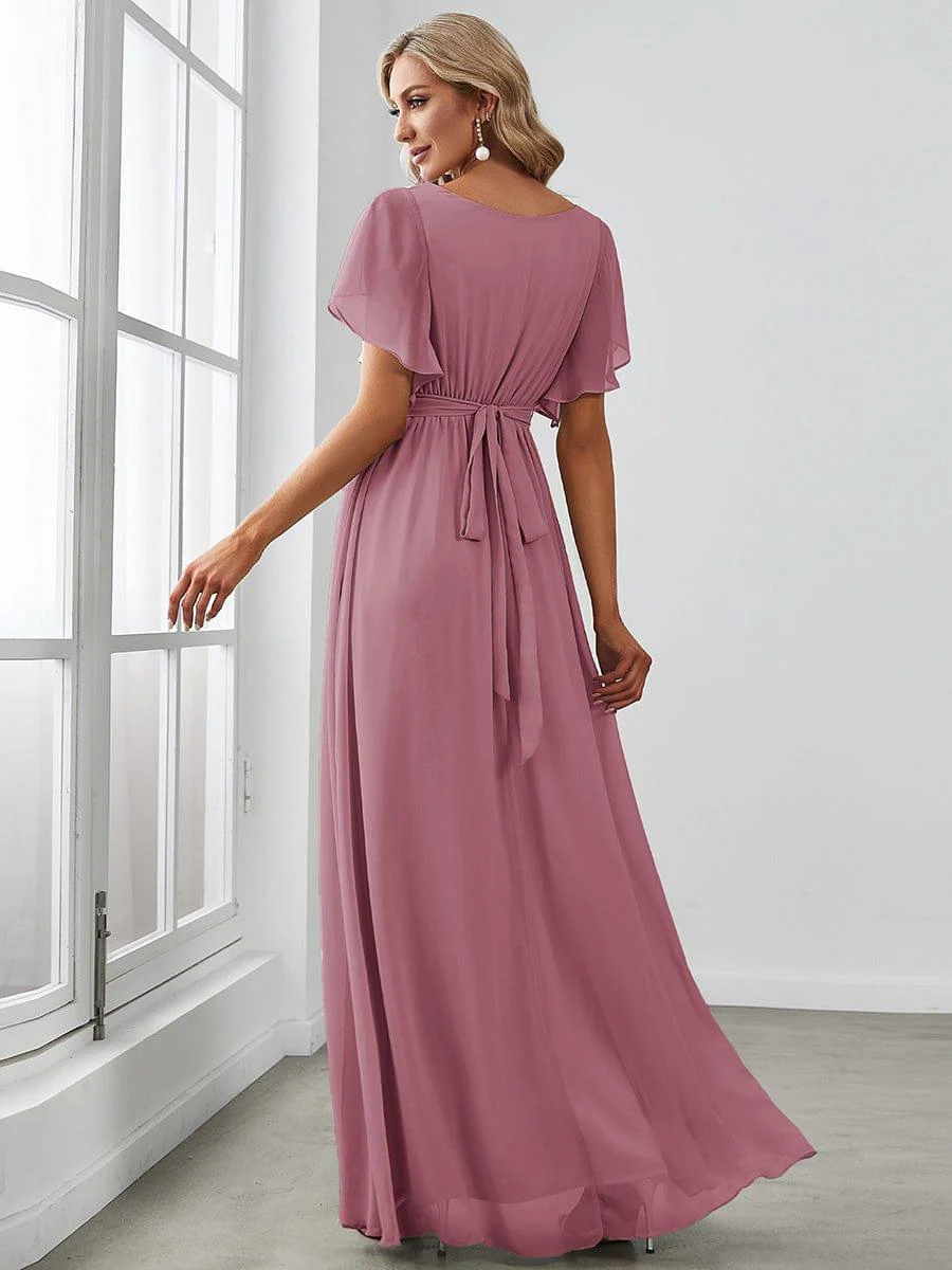 ever LEORA|Chiffon Pleated V-Neck Flutter Sleeve Maxi Bridesmaid Dress - Image 17