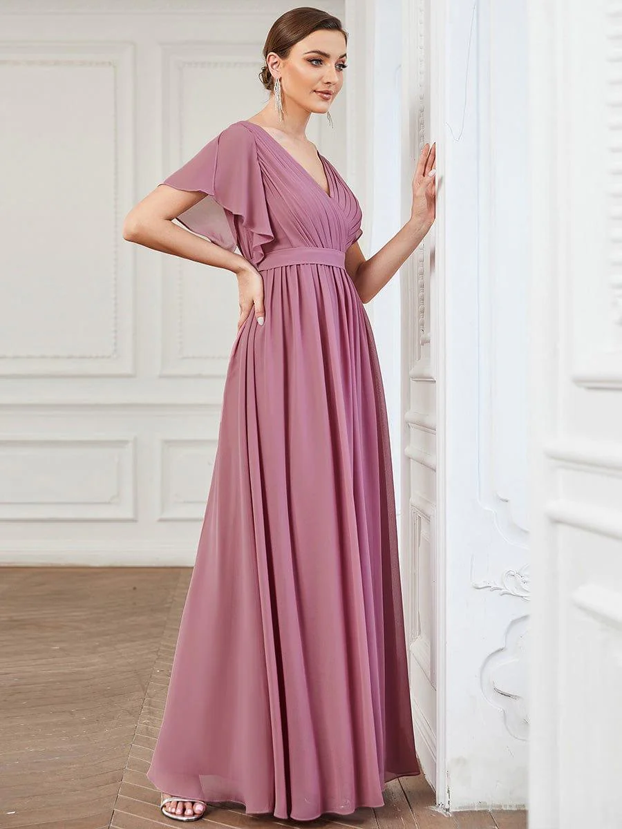 ever LEORA|Chiffon Pleated V-Neck Flutter Sleeve Maxi Bridesmaid Dress - Image 19