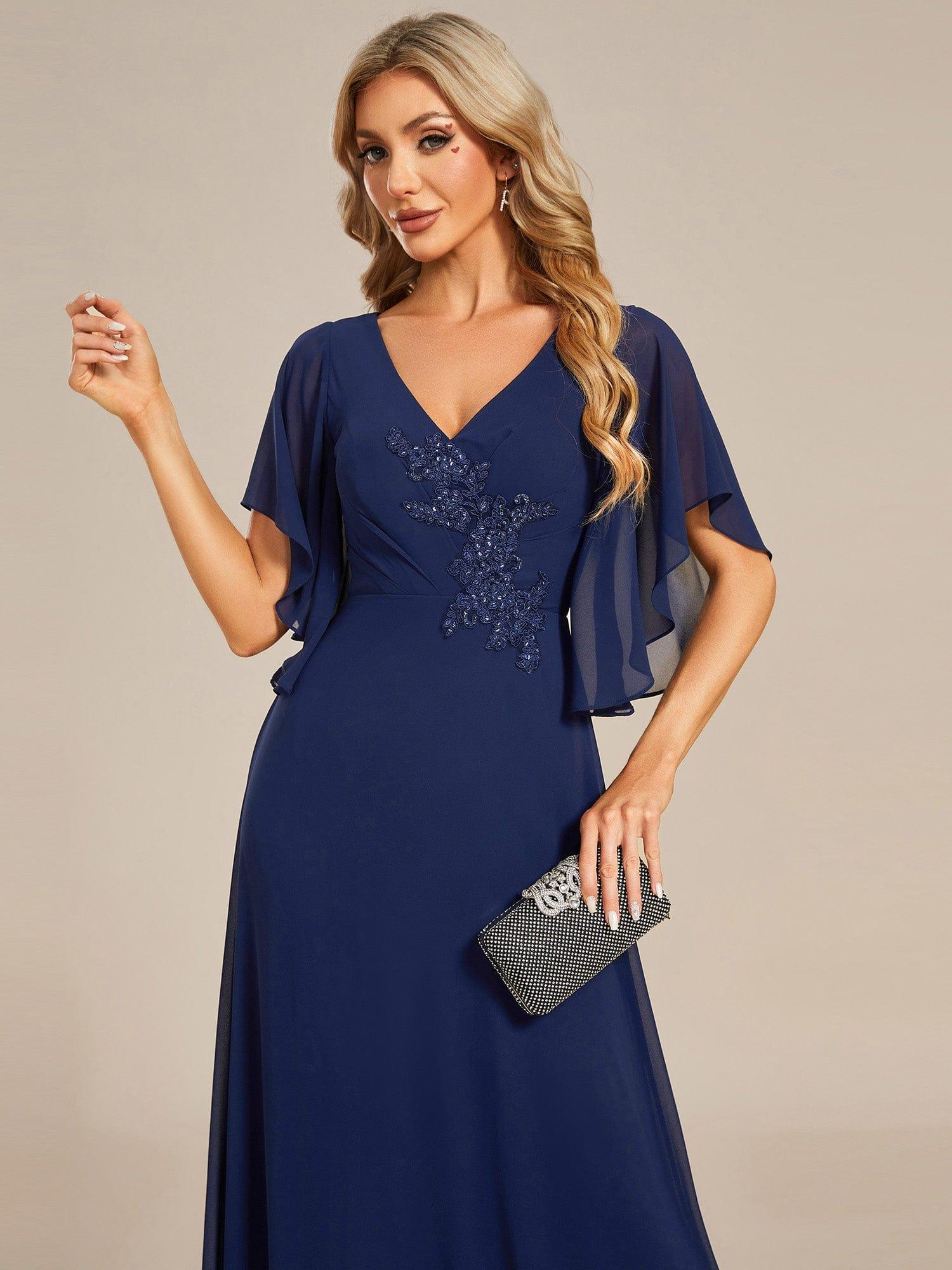 ever LORIE|Chiffon Ruffle Sleeve Mother of the Bride Dress with Waist Applique - Image 5
