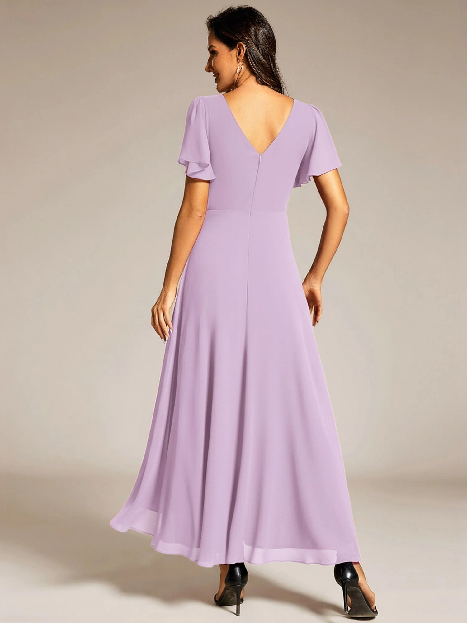ever DAKOTA|Chiffon Ruffle Sleeves Rhinestone Waist High-Low Evening Dress For Wedding - Image 41