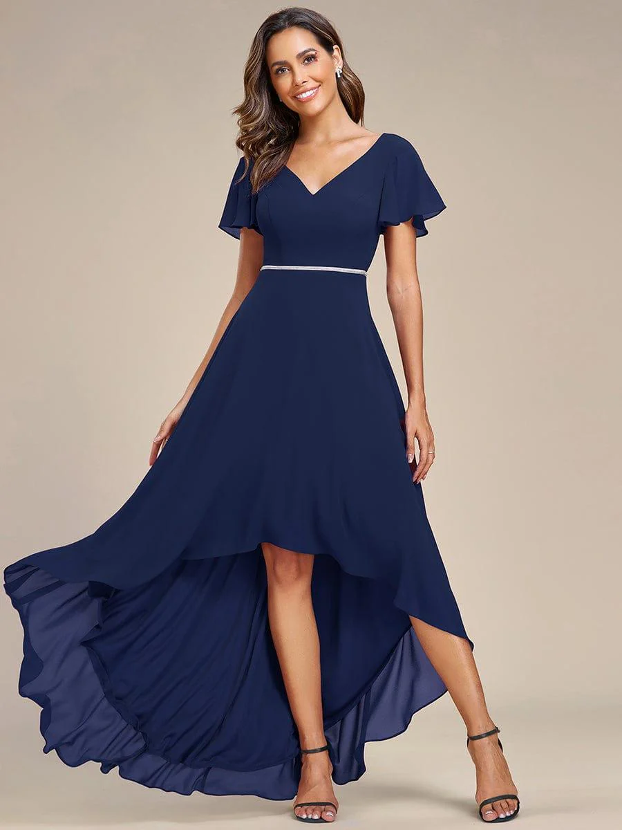 Chiffon Ruffle Sleeves V-Neck Bridesmaid Dress with High-Low Hemline(Final Sale) - Image 9