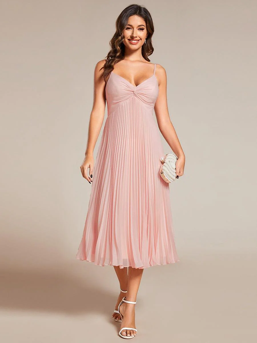 Midi Chiffon Stacked Pleating Backless Wedding Guest Dress with V-Neck(Final Sale)