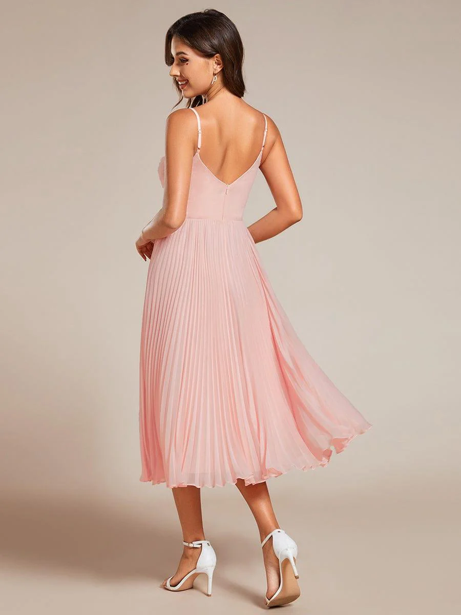 Midi Chiffon Stacked Pleating Backless Wedding Guest Dress with V-Neck(Final Sale) - Image 2