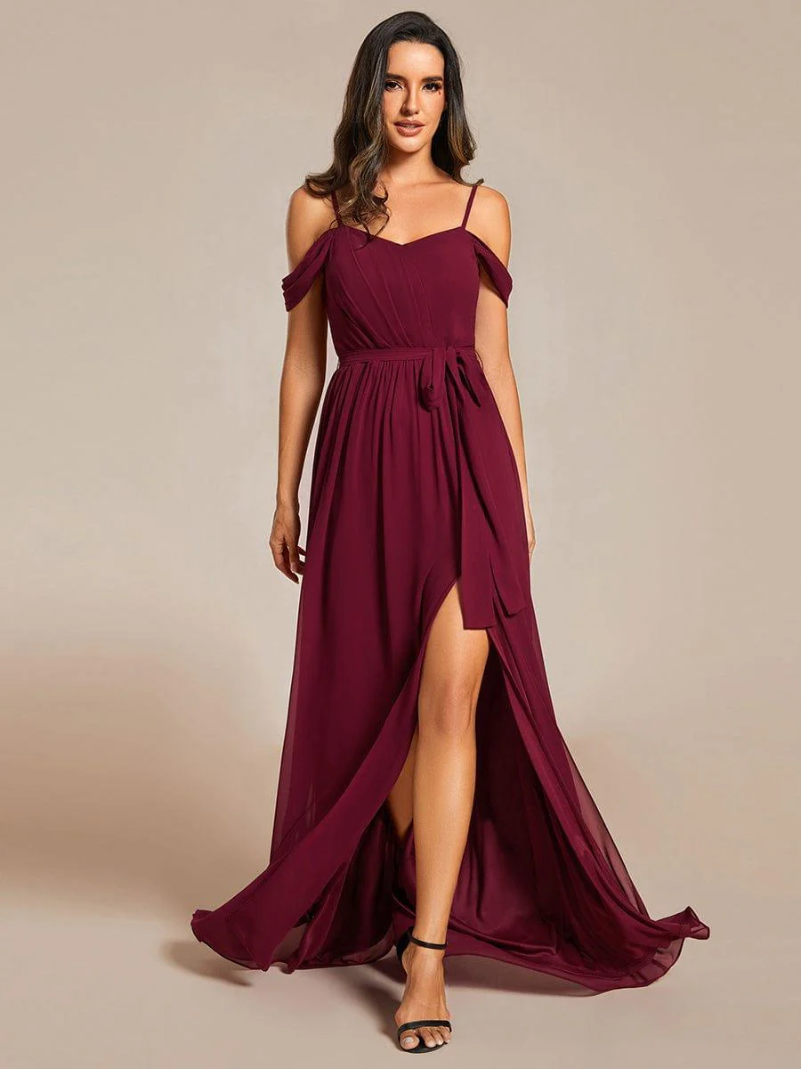 ever ADA|Chiffon V-Neck Spaghetti Strap Bridesmaid Dress with High Slit - Image 4