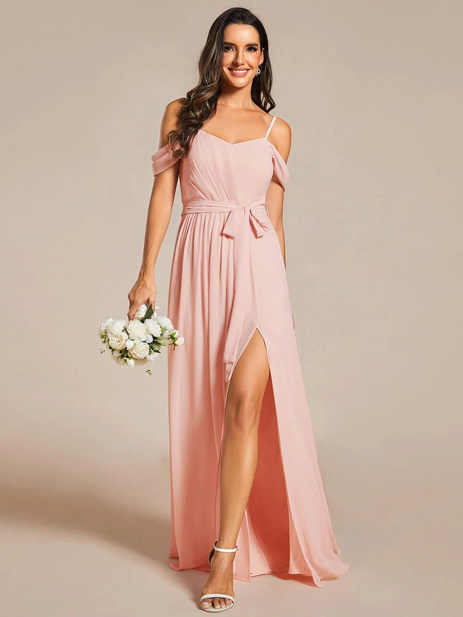 ever ADA|Chiffon V-Neck Spaghetti Strap Bridesmaid Dress with High Slit - Image 6