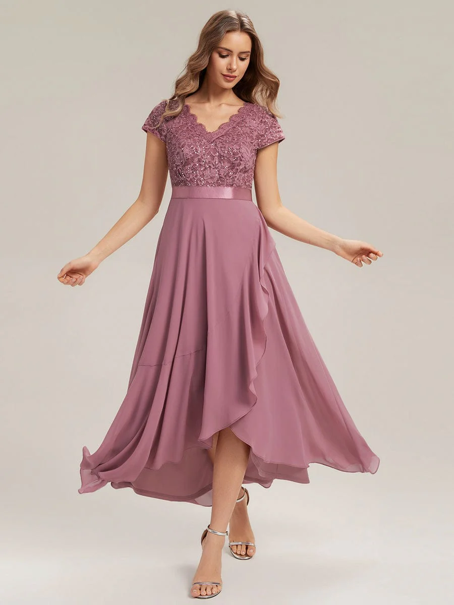 Deep V-Neck Chiffon Cap Sleeve Dress - Image 25