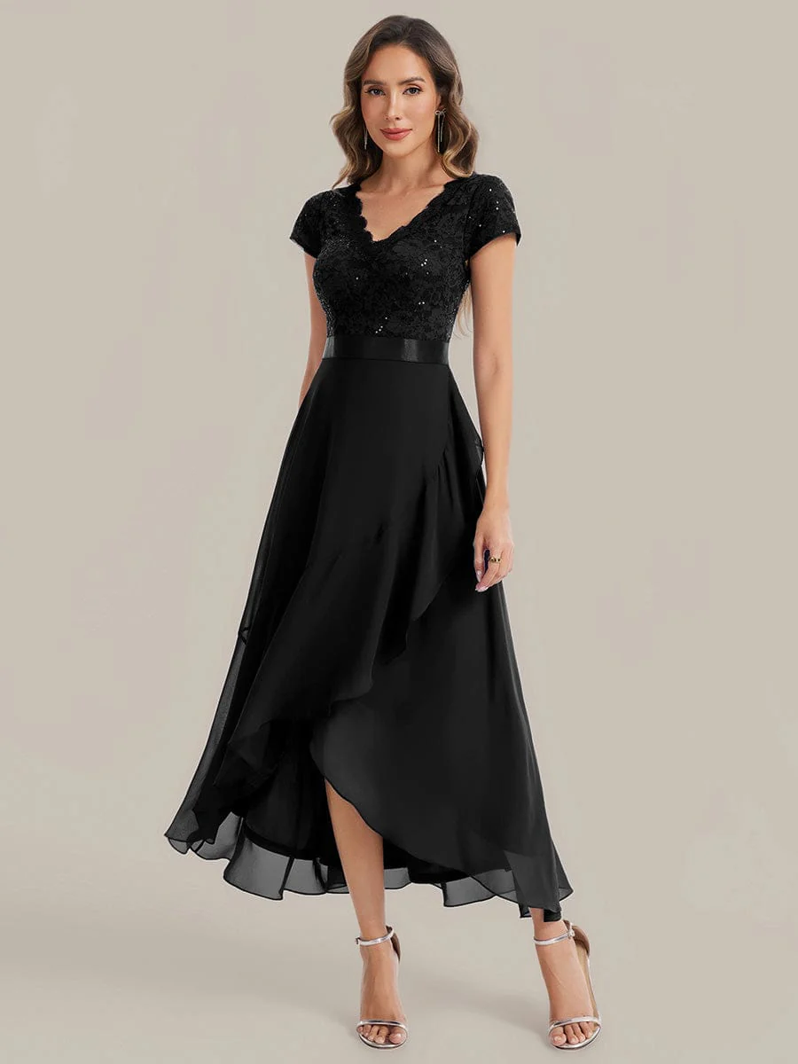 Deep V-Neck Chiffon Cap Sleeve Dress - Image 4