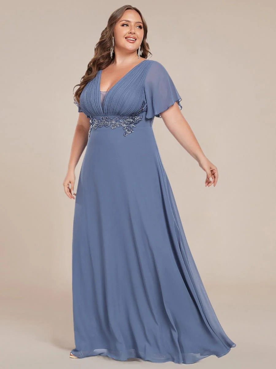 Deep V-Neck Empire Waist Applique Evening Maxi Dress With Pleats - Image 19