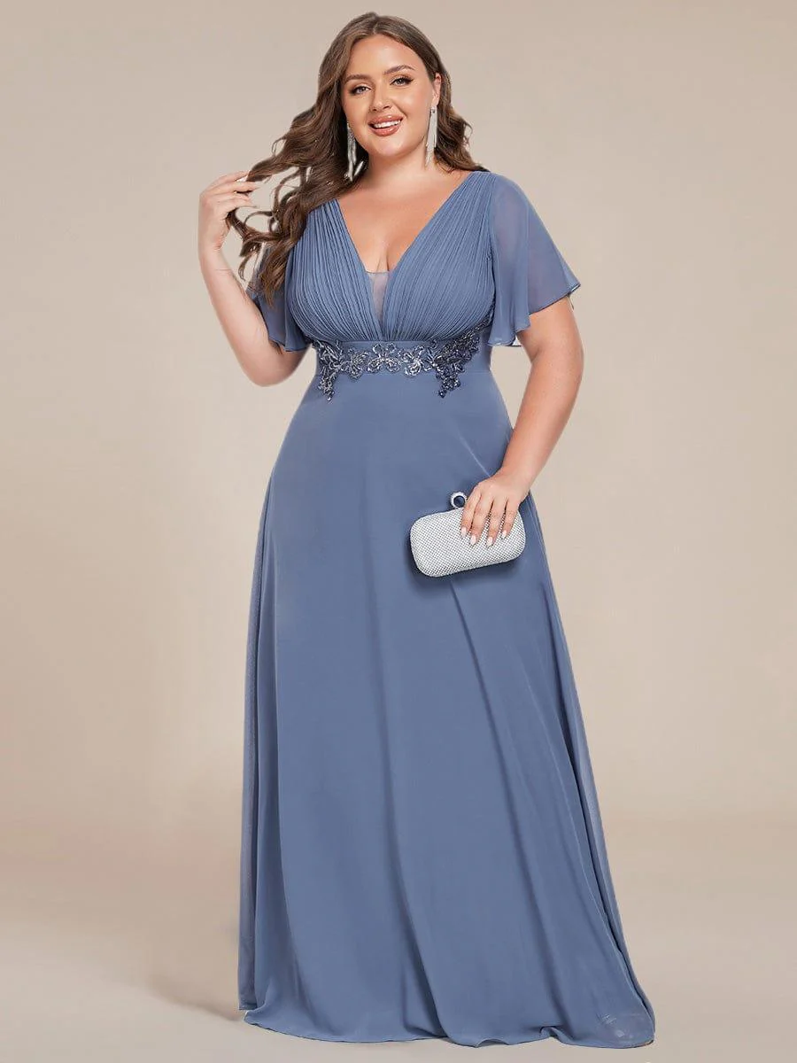 Deep V-Neck Empire Waist Applique Evening Maxi Dress With Pleats - Image 20