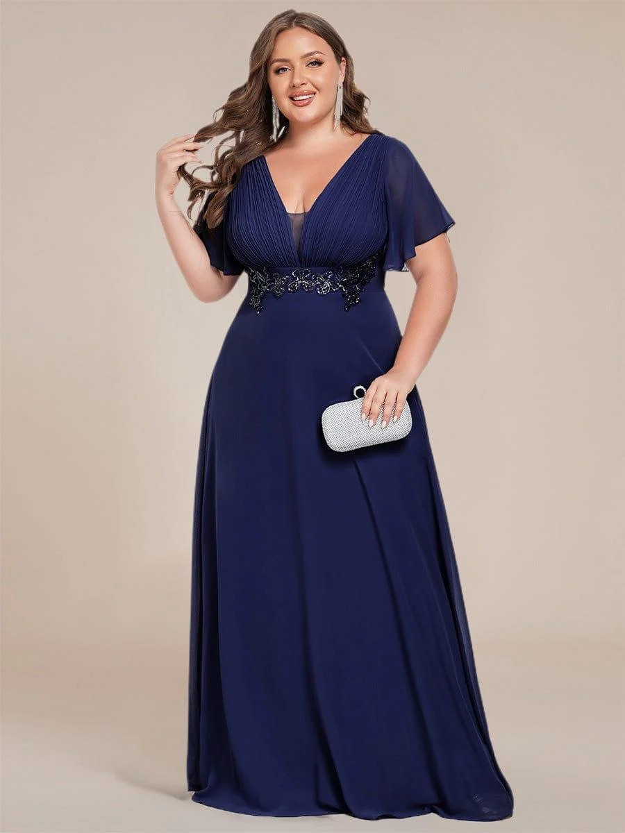 Deep V-Neck Empire Waist Applique Evening Maxi Dress With Pleats - Image 30