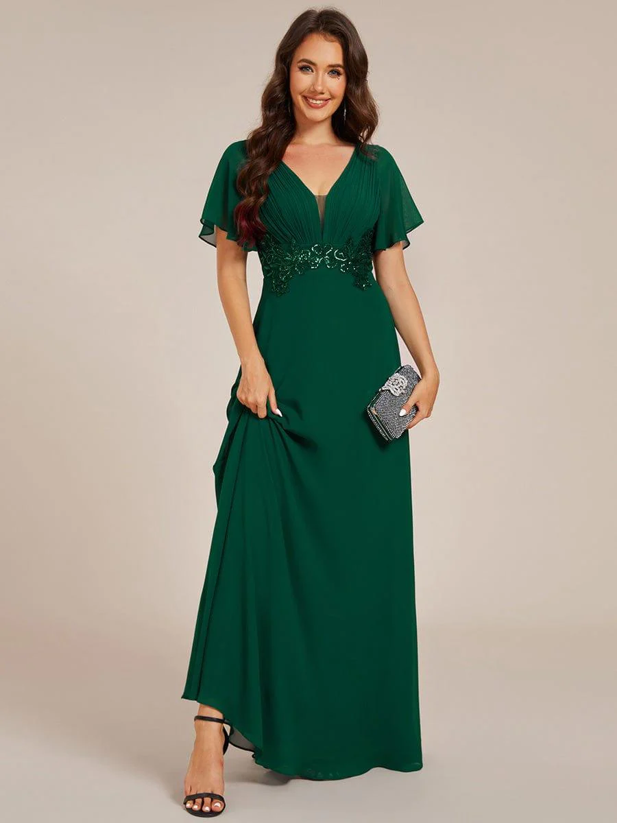 Deep V-Neck Empire Waist Applique Evening Maxi Dress With Pleats - Image 4