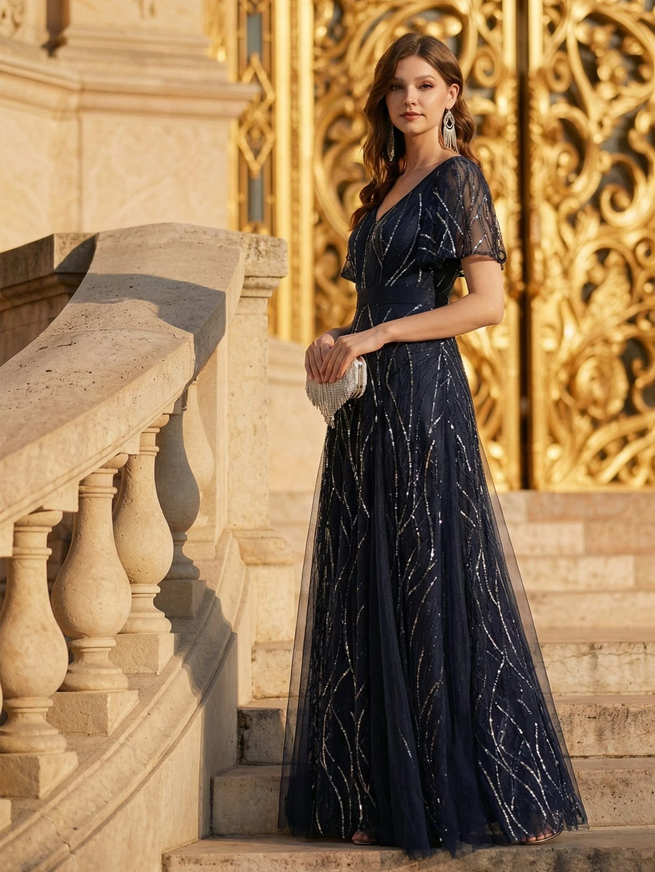 ever VEDA|Deep V-Neck Sequin Ruffle Sleeve Dress - Image 4