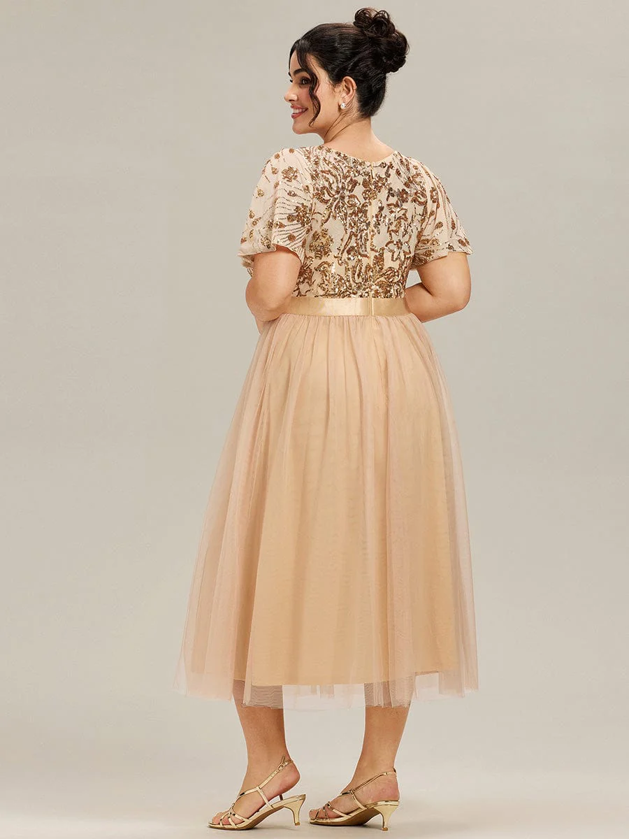 Round Neck Sequin Tulle Midi Evening Dress - Image 12