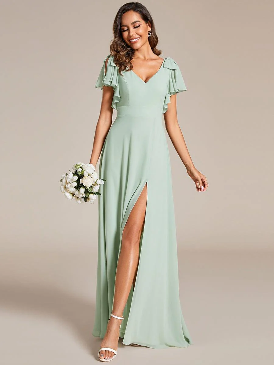 ever ROSY|Double V-Neck High Split Bridesmaid Dress with Ribbon Bow - Image 13