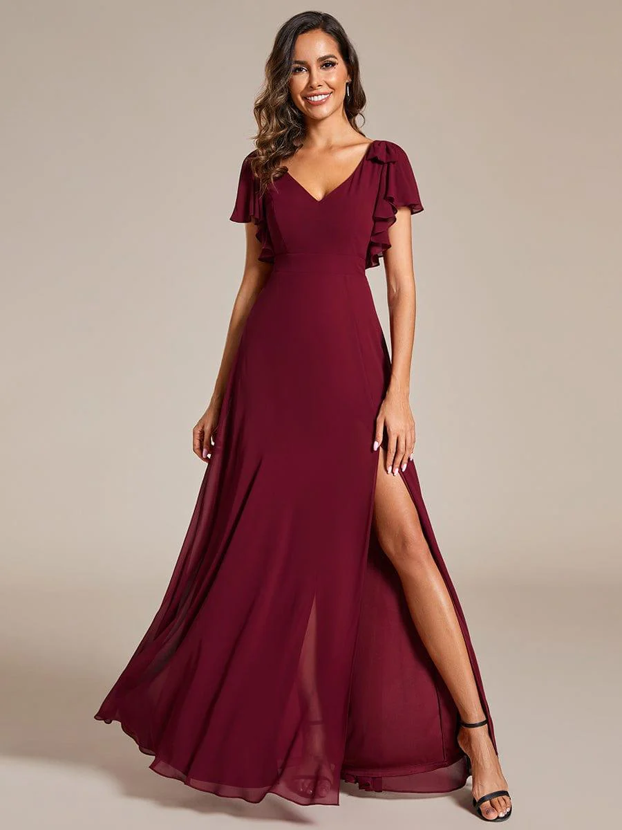 ever ROSY|Double V-Neck High Split Bridesmaid Dress with Ribbon Bow - Image 17