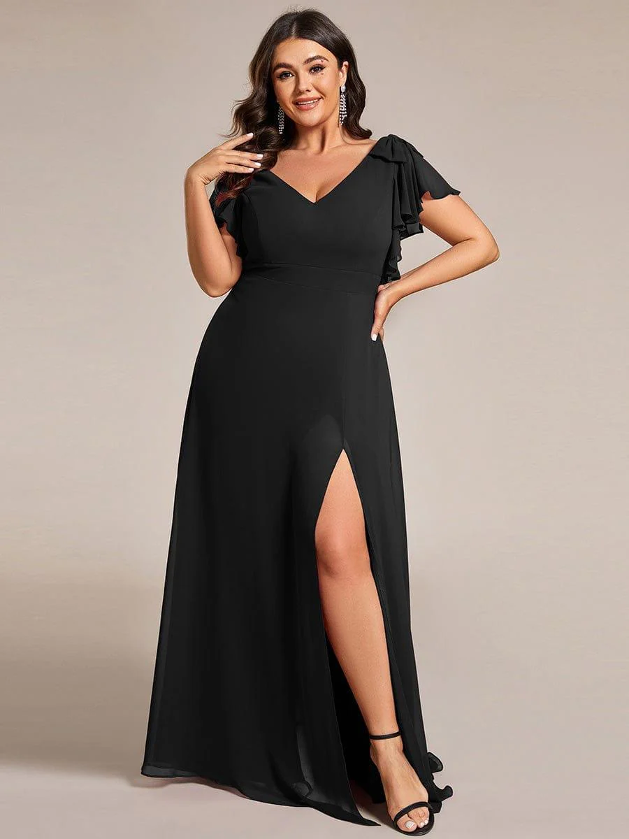 ever ROSY|Double V-Neck High Split Bridesmaid Dress with Ribbon Bow - Image 30