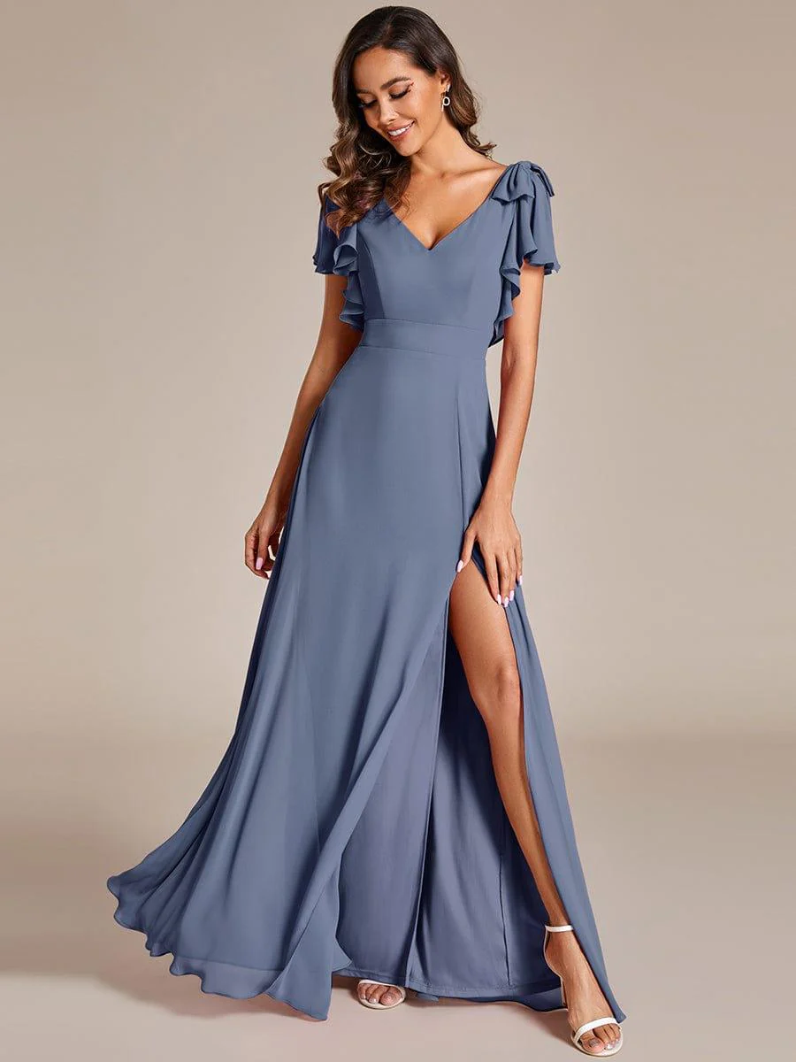 ever ROSY|Double V-Neck High Split Bridesmaid Dress with Ribbon Bow - Image 33