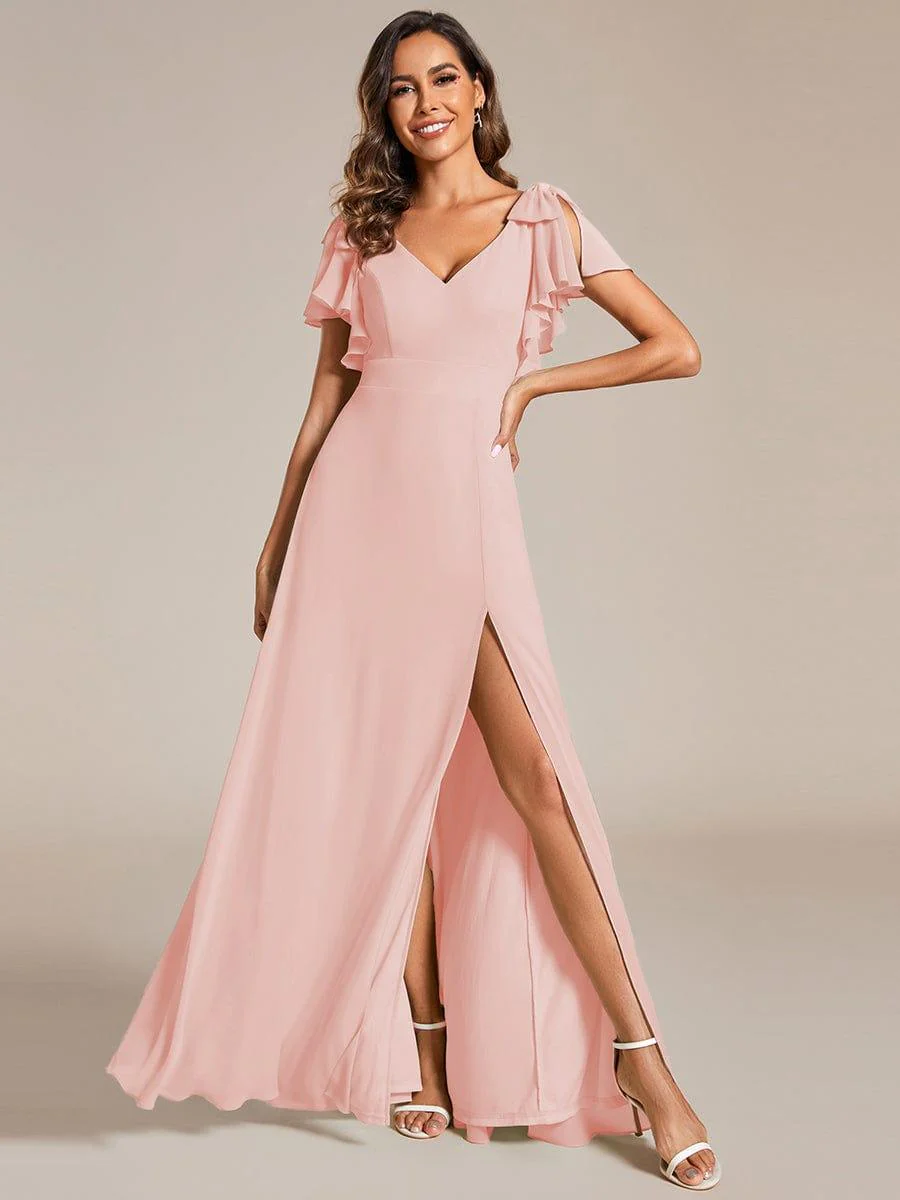 ever ROSY|Double V-Neck High Split Bridesmaid Dress with Ribbon Bow - Image 41