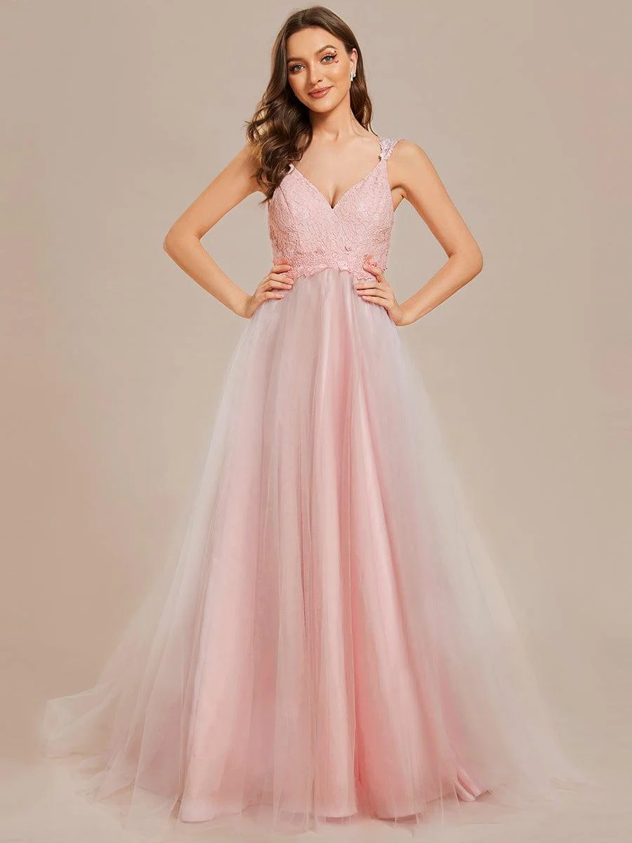 Double V Neck Lace Bodice Floor Length Tulle Wedding Dress - Image 10