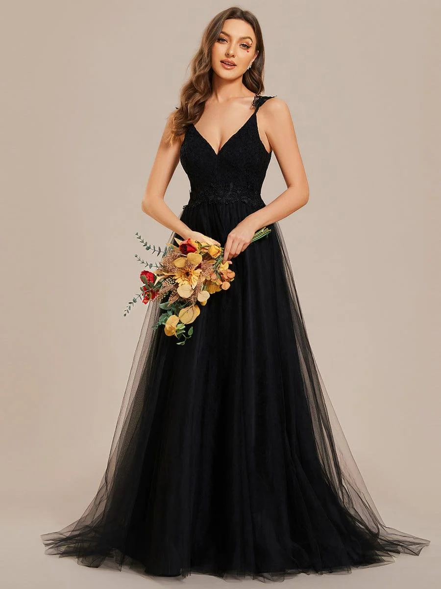 Double V Neck Lace Bodice Floor Length Tulle Wedding Dress - Image 16