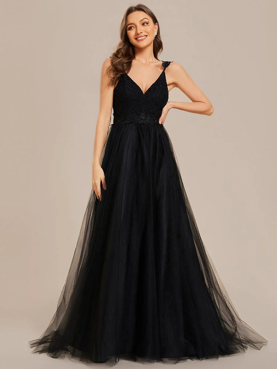 Double V Neck Lace Bodice Floor Length Tulle Wedding Dress - Image 19
